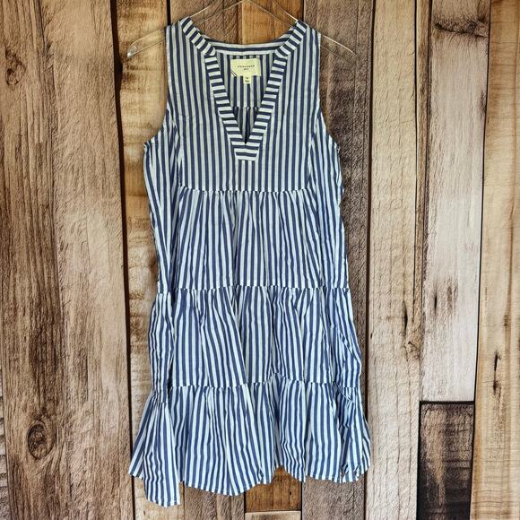 Pomander Place Dress Kenzo Poplin Tiered Striped Coastal Summer Blue White XS - Picture 1 of 9